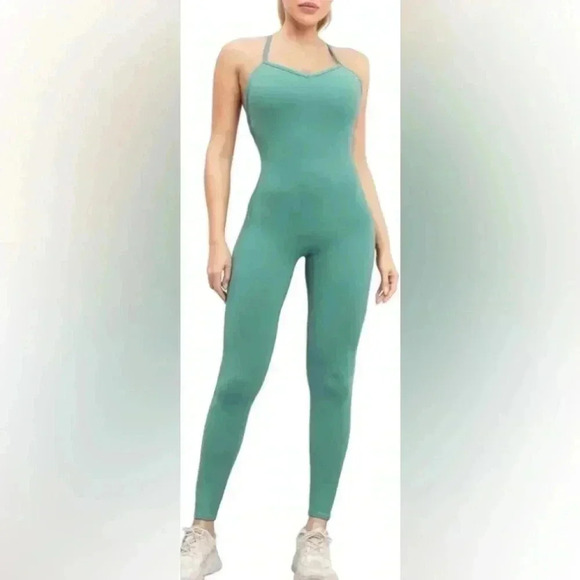 Seafoam Green Backless Workout Jumpsuit - Brazilian Style, Size Small - Picture 1 of 7
